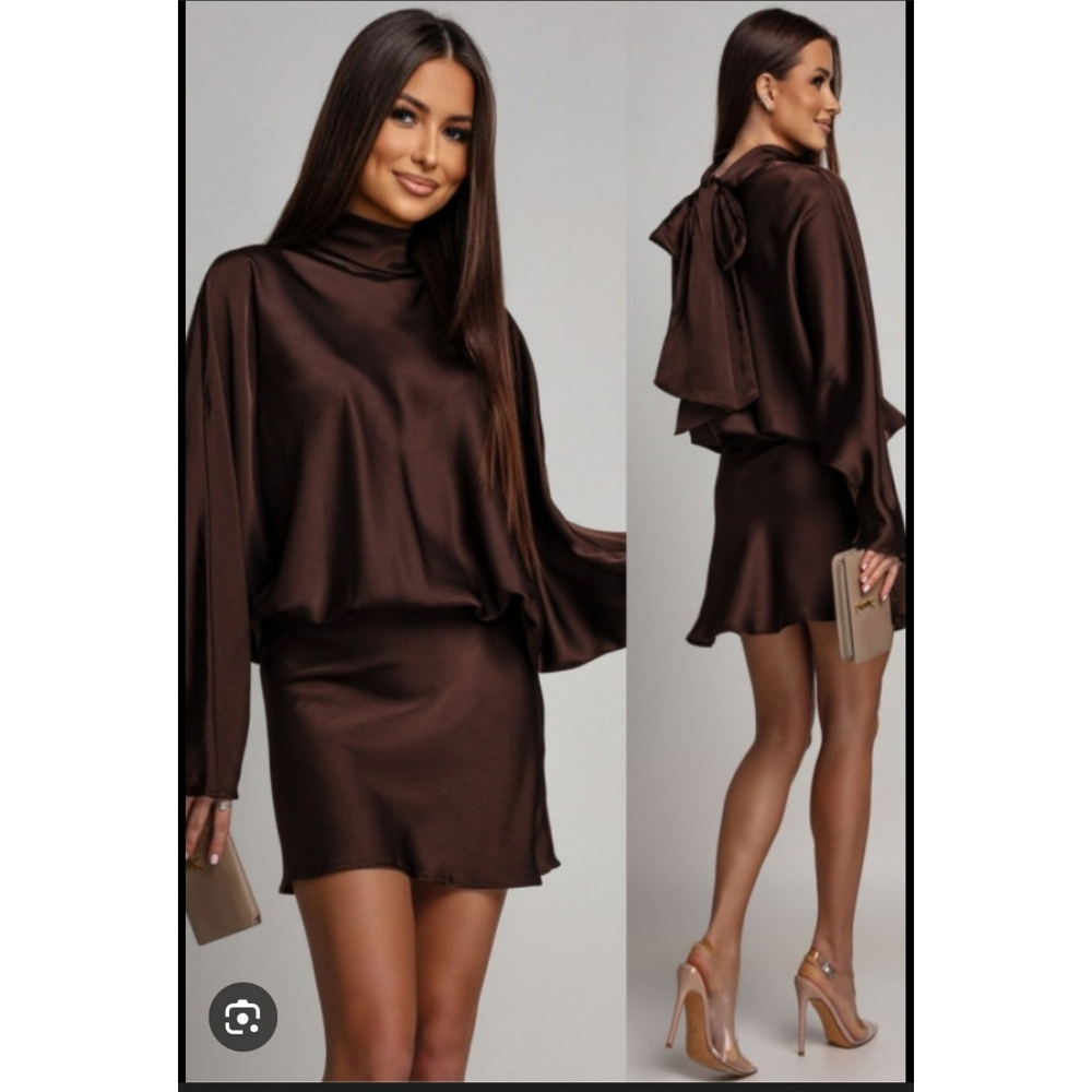 Zara Satin Effect Scarf Dress Brown NWT - Picture 2 of 15